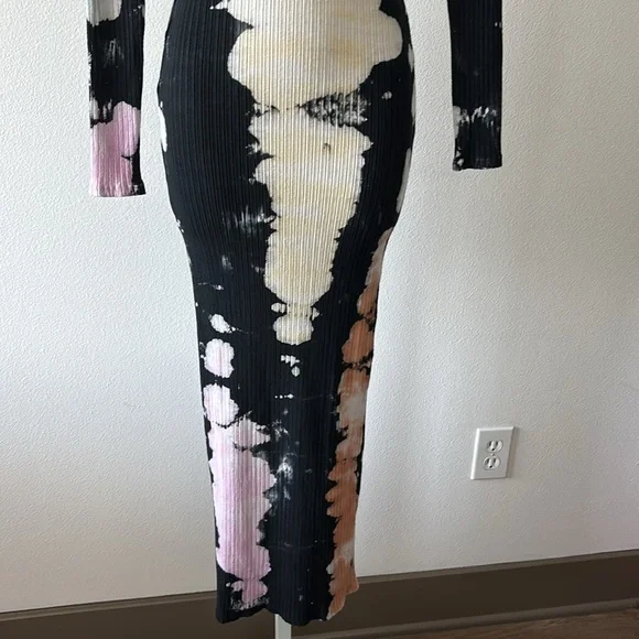 Ribbed Tie-Dye Dress L Bodycon V-Neck Bleach Wash Grunge Indie Sleaze Streetwear - Picture 2 of 13